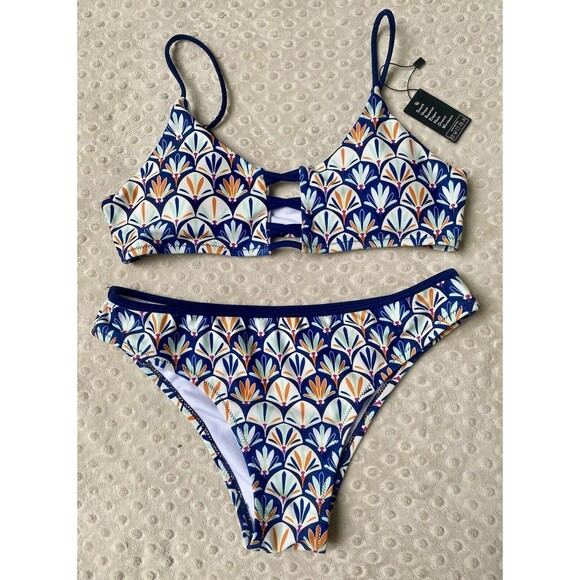 Mermaid Print Women’s 2 Piece Bikini Swimsuit Open Back Adjustable Straps Sz L - Picture 5 of 7